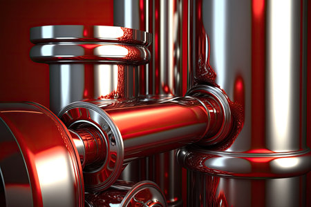 beautiful glossy red metal pipes with silver details, industry modern 4.0, created with generative aiの素材
