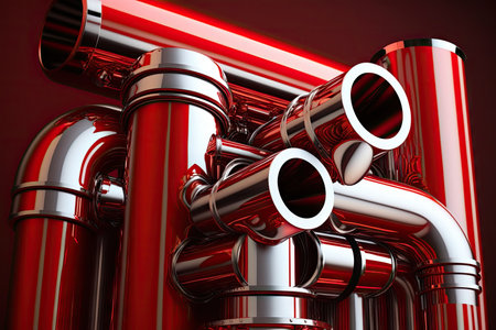 beautiful glossy red metal pipes with silver details, industry modern 4.0, created with generative aiの素材