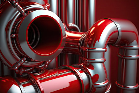 beautiful glossy red metal pipes with silver details, industry modern 4.0, created with generative aiの素材