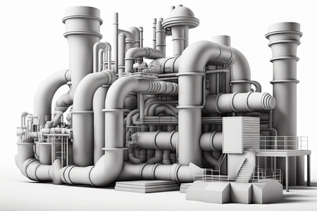 professional technical factory with field of pipes isolated on white background, created with generative aiの素材