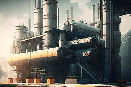 large futuristic factory with pipes and catwalks industrial modern 4.0, created with generative aiの素材