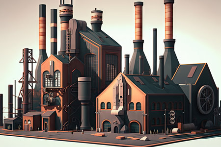 industrial modern 4.0 factory with smoking pipes and tall chimneys, created with generative aiの素材
