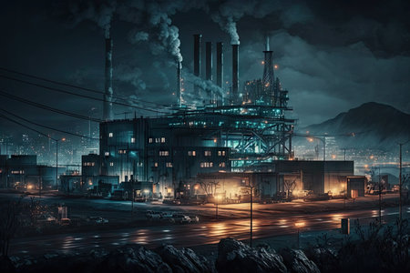 illuminated working factory in night time on background of industry town, created with generative aiの素材