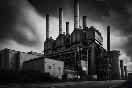 black and white photo of factory building with chimneys for industry 4.0, created with generative aiの素材