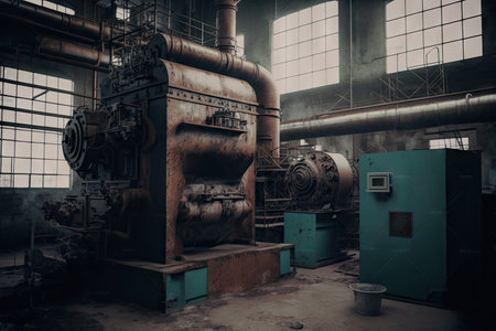 rusting parts and pipelines in modern factory interior design with equipment, created with generative aiの素材