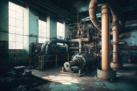 rusting parts and pipelines in modern factory interior design with equipment, created with generative aiの素材