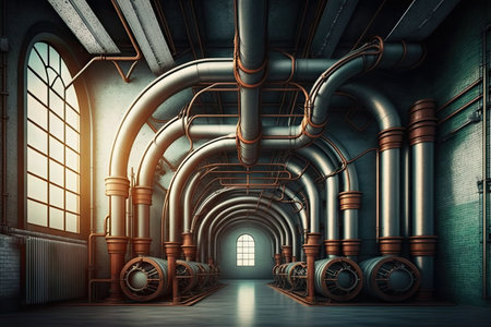 pipes and metal arches in modern factory interior design concept 4.0, created with generative aiの素材