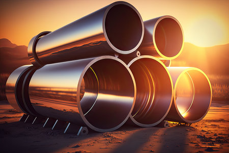 beautiful steel pipes on background of sunset lit by sun industrial modern 4.0, created with generative aiの素材