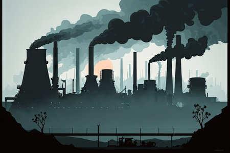 factory with smoking chimneys and smog in silhouette of industrial modern 4.0 zone, created with generative aiの素材