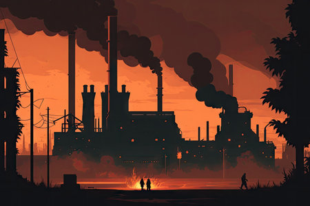 factory with smoking chimneys and smog in silhouette of industrial modern 4.0 zone, created with generative aiの素材