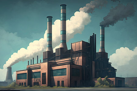 industrial modern 4.0 factory with smoking chimneys against sky, created with generative aiの素材