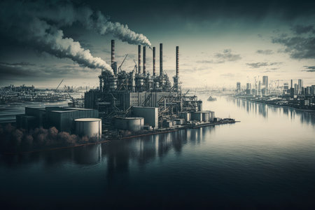 relieving image of developed city against background of river view industrial modern 4.0, created with generative aiの素材