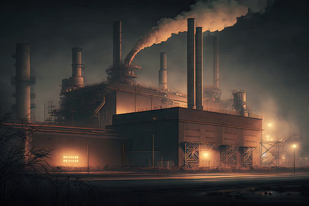 beautiful modern factory at night in rays of lights with smog industrial modern 4.0, created with generative aiの素材