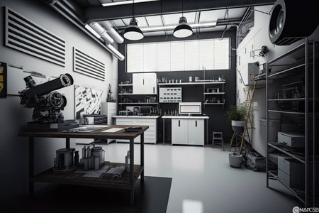 creative laboratory space with white and black industrial modern 4.0, created with generative aiの素材
