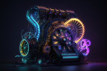 beautiful machine depicted in dark on light background with neon lights and gears, created with generative aiの素材