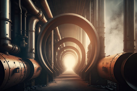 steel pipes of old vintage factory industry interior with smoke and fog background 3d illustration, created with generative aiの素材