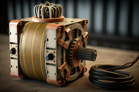 cylindrical three-phase electric motor and box with wires on blurred background, created with generative aiの素材