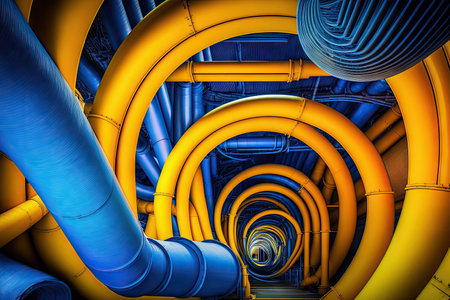 concentric pipes of modern industry 4.0 in blue yellow tones, created with generative aiの素材