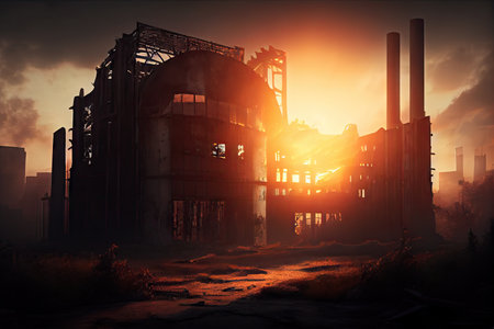 industrial ruin with sun setting in the background, creating dramatic and moody scene, created with generative aiの素材