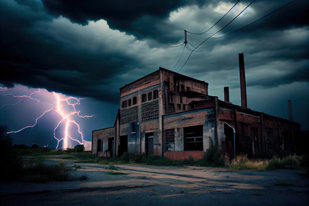 industrial ruin with stormy skies and thunder, dramatic lighting, created with generative aiの素材