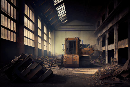 industrial ruin, with stark contrast of decaying walls and modern equipment in the background, created with generative aiの素材