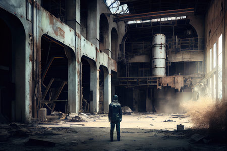 industrial ruin, with person exploring the space, discovering hidden treasures, created with generative aiの素材