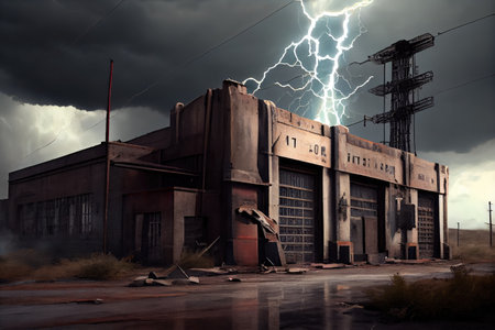 industrial ruin in the midst of a stormy sky, with lightning bolts striking, created with generative aiの素材