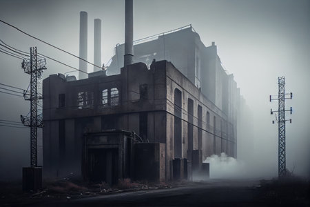 industrial ruin with foggy mist and eerie atmosphere, created with generative aiの素材