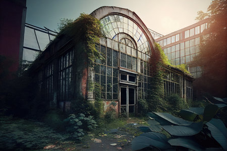abandoned industrial complex, with broken windows and overgrown gardens, created with generative aiの素材
