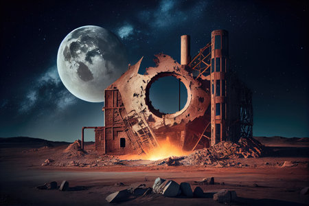 industrial ruin in desolate landscape, with moon and stars above, created with generative aiの素材