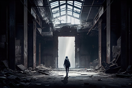 industrial ruin, with person walking through its broken and abandoned halls, created with generative aiの素材