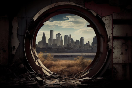 industrial ruin, with view of cityscape beyond, set against modern skyline, created with generative aiの素材