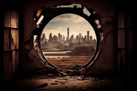 industrial ruin, with view of cityscape beyond, set against modern skyline, created with generative aiの素材
