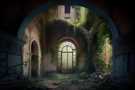 overgrown ruins with vines and plants growing through the broken walls, created with generative aiの素材
