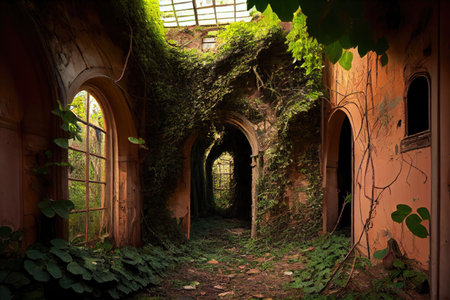 overgrown ruins with vines and plants growing through the broken walls, created with generative aiの素材