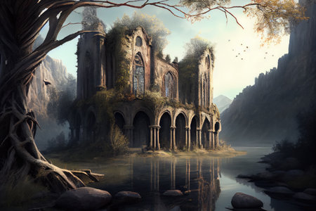 majestic ruin surrounded by natural beauty, with trees and river in the background, created with generative aiの素材