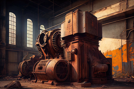 rusting industrial machinery, left behind in abandoned factory, created with generative aiの素材