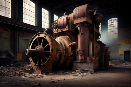 rusting industrial machinery, left behind in abandoned factory, created with generative aiの素材