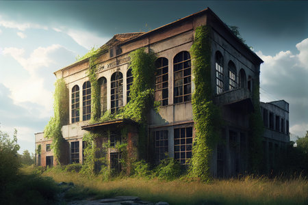 old factory, with broken windows and crumbling walls, surrounded by overgrown vegetation, created with generative aiの素材