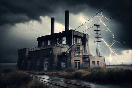 industrial ruin, with dramatic storm clouds overhead, and lightning striking in the distance, created with generative aiの素材