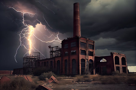 industrial ruin, with dramatic storm clouds overhead, and lightning striking in the distance, created with generative aiの素材
