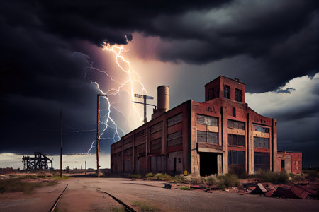 industrial ruin, with dramatic storm clouds overhead, and lightning striking in the distance, created with generative aiの素材