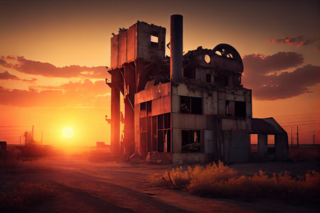 industrial ruin, with sun setting behind it, casting warm light on the scene, created with generative aiの素材