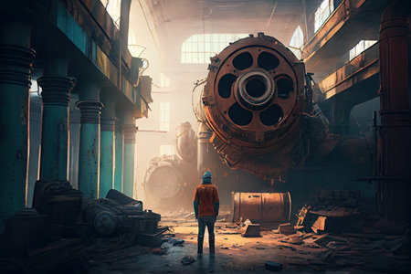person, exploring abandoned factory with broken machinery and rusty equipment, created with generative aiの素材