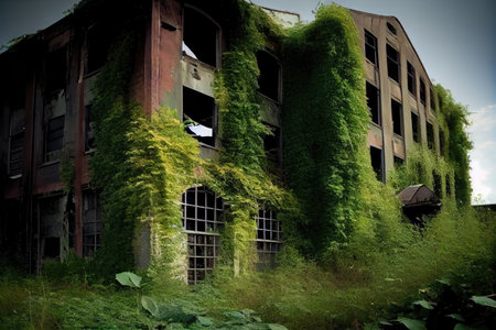 decrepit factory, with broken windows and peeling paint, surrounded by overgrown weeds, created with generative aiの素材