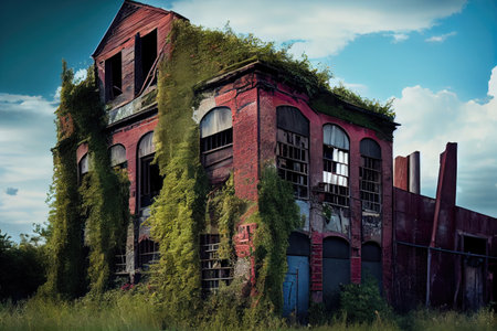 decrepit factory, with broken windows and peeling paint, surrounded by overgrown weeds, created with generative aiの素材