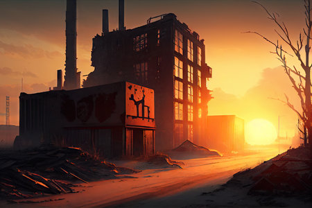 industrial ruin, with sun setting behind the buildings, casting dramatic shadows, created with generative aiの素材