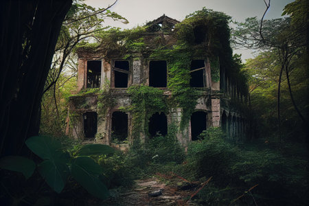 ruined building, with broken windows and crumbling walls, surrounded by overgrown vegetation, created with generative aiの素材