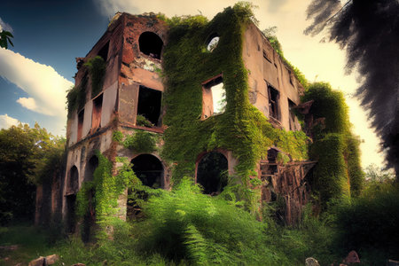 ruined building, with broken windows and crumbling walls, surrounded by overgrown vegetation, created with generative aiの素材