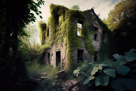 ruined building, with broken windows and crumbling walls, surrounded by overgrown vegetation, created with generative aiの素材
